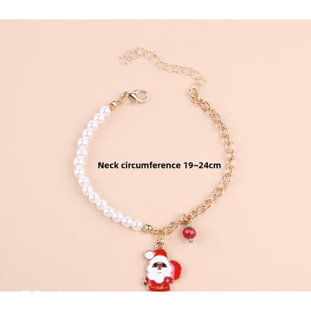 Christmas Pet Collar with Santa Claus and Bell Charm Adjustable Decorative Dog and Cat Collar for Holiday Parties Photos and Everyday Wear(Santa Claus Pearl Pet Necklace)