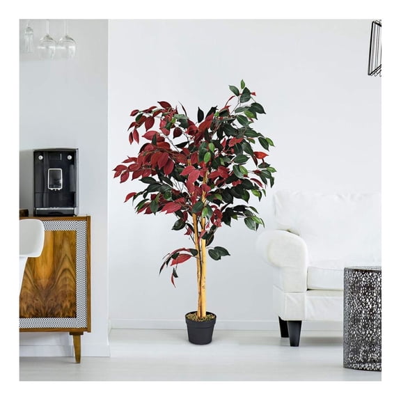 Artificial Ficus Tree 4ft - Indoor Plant - Realistic Decor - Plastic & Wood - Home & Office - Nursery Pot Included - 504 Leaves
