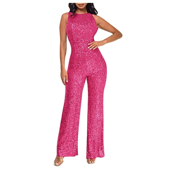 CheerKidz Women's Off-Shoulder Sequin Slim Romper,High Waist Round Neck Party Jumpsuit,Long Pants Glam Look(Hot Pink,M)