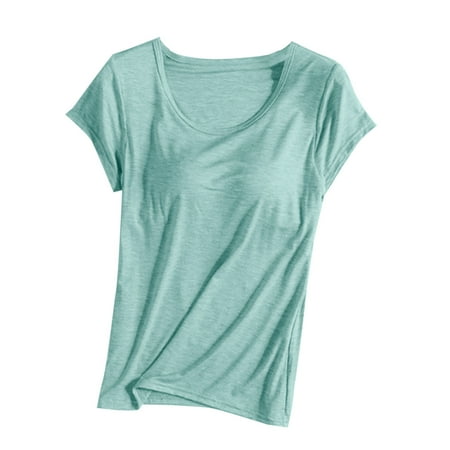 qILAKOG Women Tops Summer Short Sleeve Basic Top Shirt Slim Knit Blouses Women s Washed Seamless Crop Tank Tops Womens  Sports Bra Longline Wirefree Padded with Medium Support Mint Green