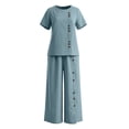 thumbnail image 7 of Jogger Sets for Women 2 Piece Womens Solid Color Casual Vacation Linen Outfit Button Short Sleeve Blouse Wide Leg Pants Set Summer Travel Wear Light Blue XL, 7 of 7