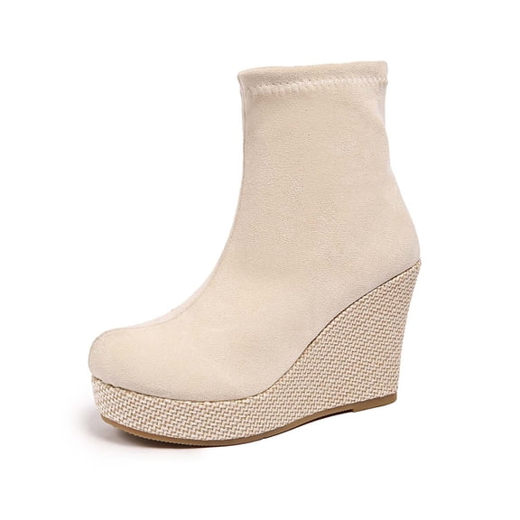 Wovix Women's Ankle Boots Wedge Booties Ankle Heels Boots Bow Knot Stacked Heeled Winter Dress Shoes Trendy Streetwear Dress Shoes Beige 36