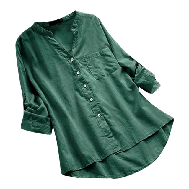 Pompotops Women's Casual V-Neck Short Sleeve Buttons Tees Solid Loose Shirt Tops