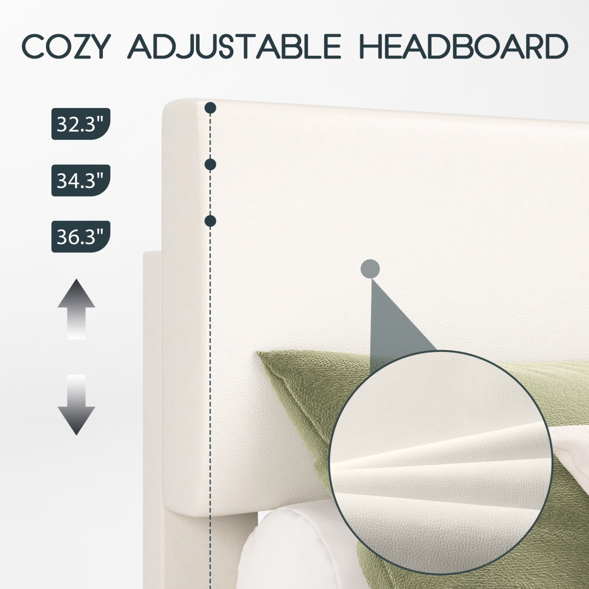 Einfach Full Size White Leather Upholstered Bed Frame with Adjustable Headboard, No Box Spring Needed, Low