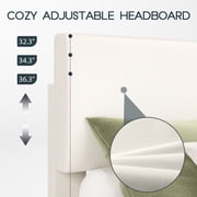 Einfach King Size White Leather Upholstered Bed Frame with Adjustable Headboard, No Box Spring Needed, Low