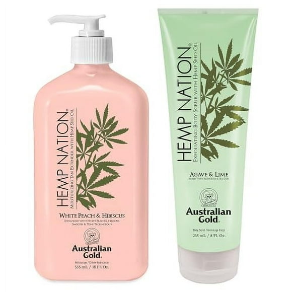 Australian Gold Hemp Nation White Peach & Hibiscus Bundle - Tan Extender Lotion (18 Fl Oz) and Agave & Lime Body Scrub (8 Fl Oz), Moisturizing Body Lotion and Body Exfol