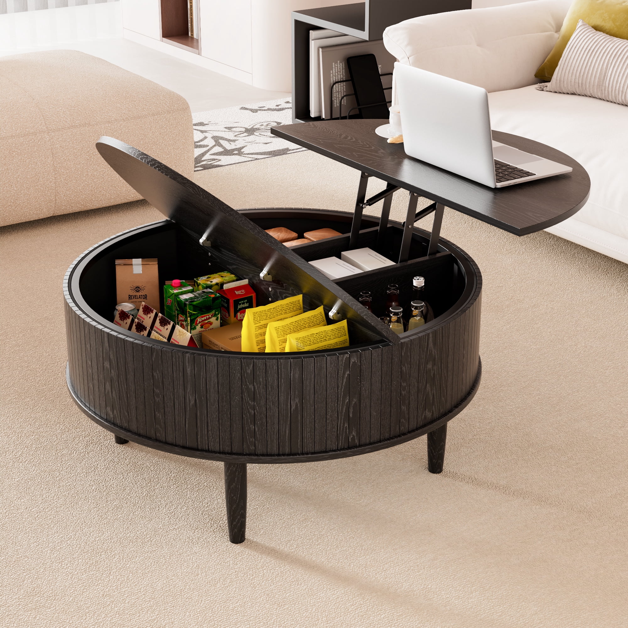 Round Lift Top Coffee Table with Storage, Center Table with Hidden Compartment, Circle Coffee Table for Living Room, Black