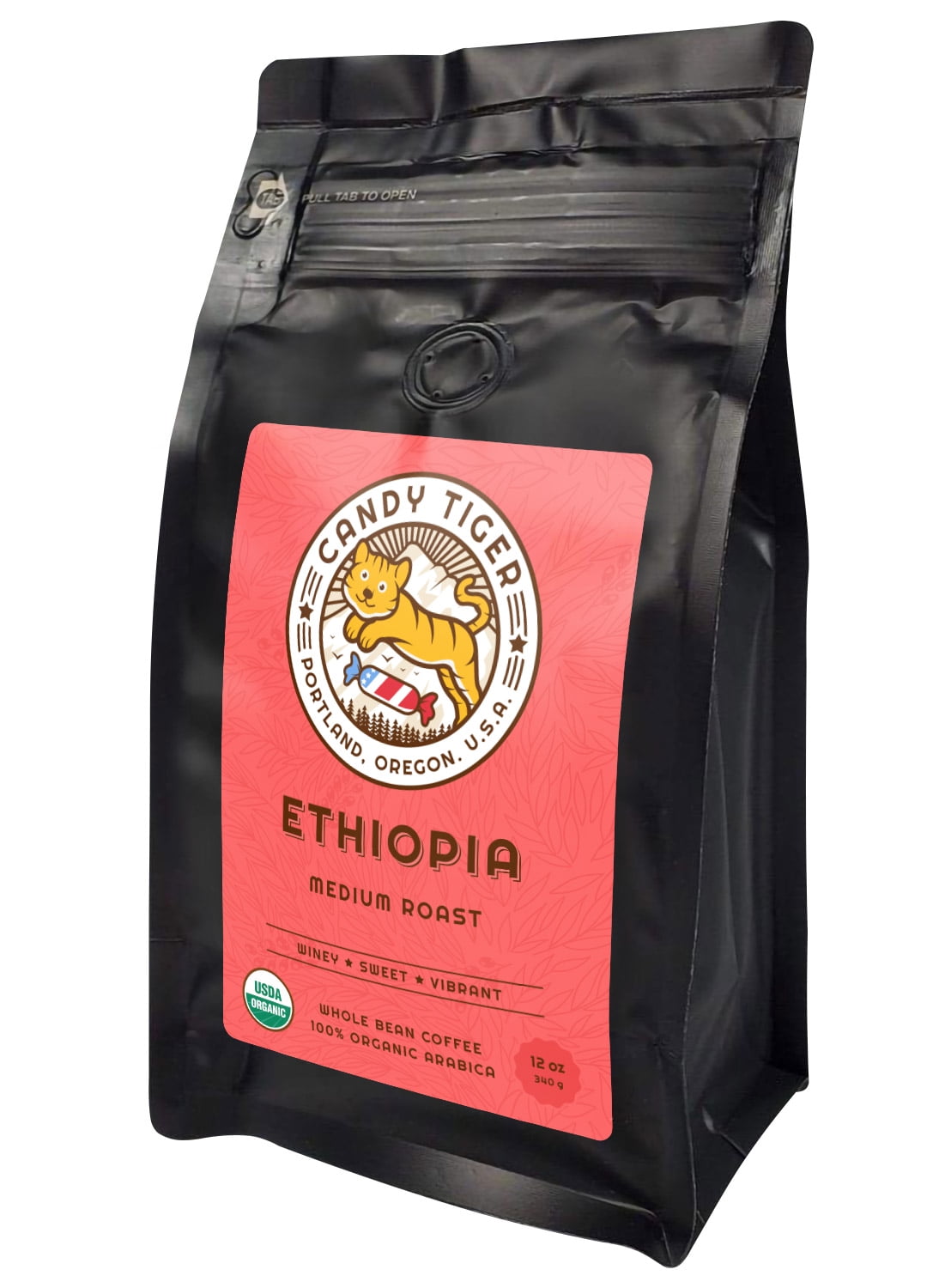 Candy Tiger Ethiopia USDA Organic Whole Bean coffee, Medium Roast, 100% Arabica beans, 12 oz