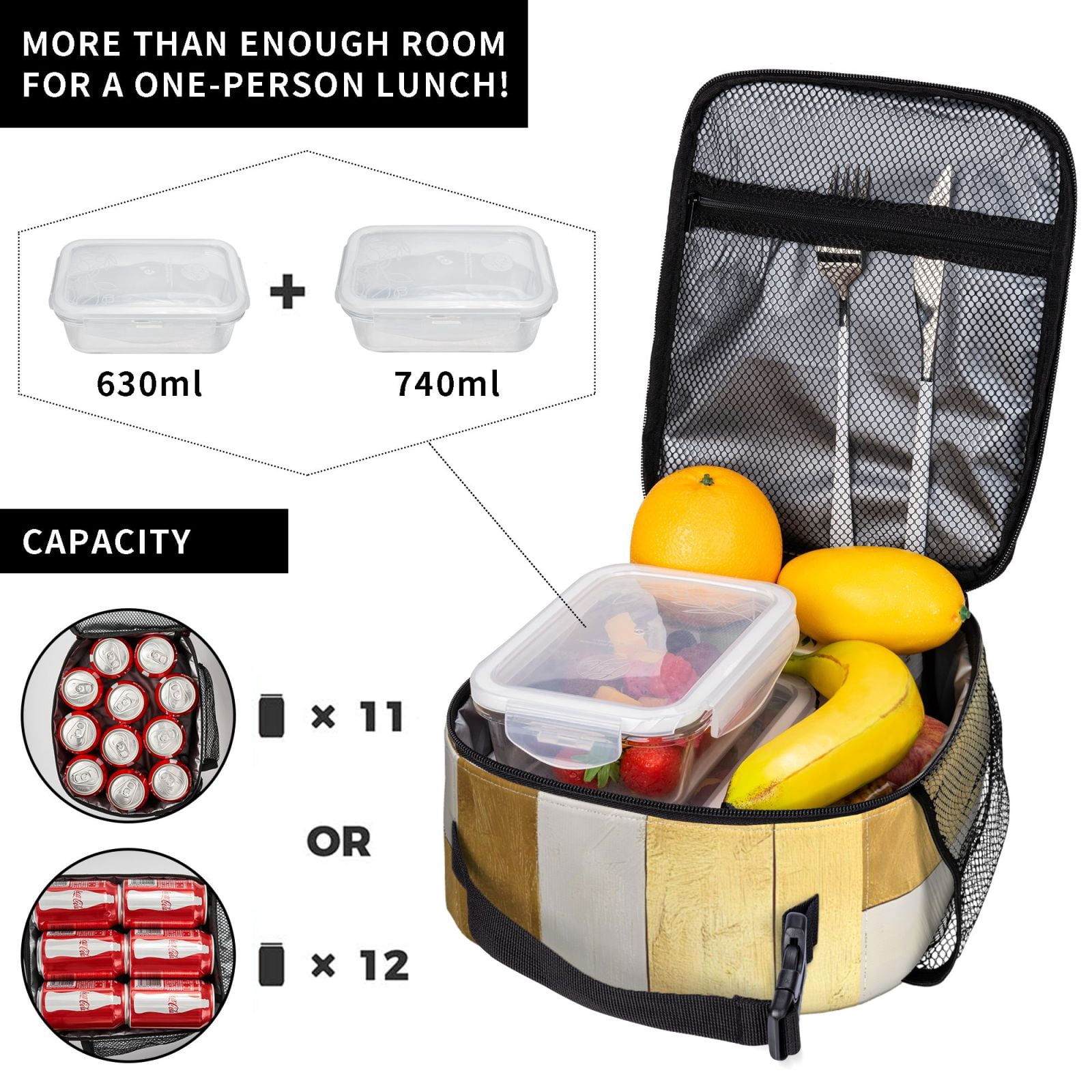Lunch Bag For Women Men Insulated Portable Lunch Box Bento Box Office Picnic Travel Cooler Bag Gold Stripe_1