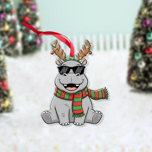 ViciArt Hippo Christmas Ornament, Holiday Decor with Antlers, Sunglasses, & Scarf, Acrylic/Fiber Wood