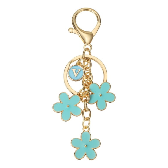 Uxcell Initial Keychain, Flower Charm Letter-V Key Chain Cute Floral Charm Letter Keyring for Women Car Keys Handbags Purse Backpack Accessory Gift, Blue