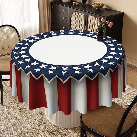Round Tablecloth, 60in 4th Of July Patriotic Star Table Cover, Waterproof Stain-Resistant Washable Fabric, Reusable Cloth for Party, Kitchen, Dining Room & Home Decor Use