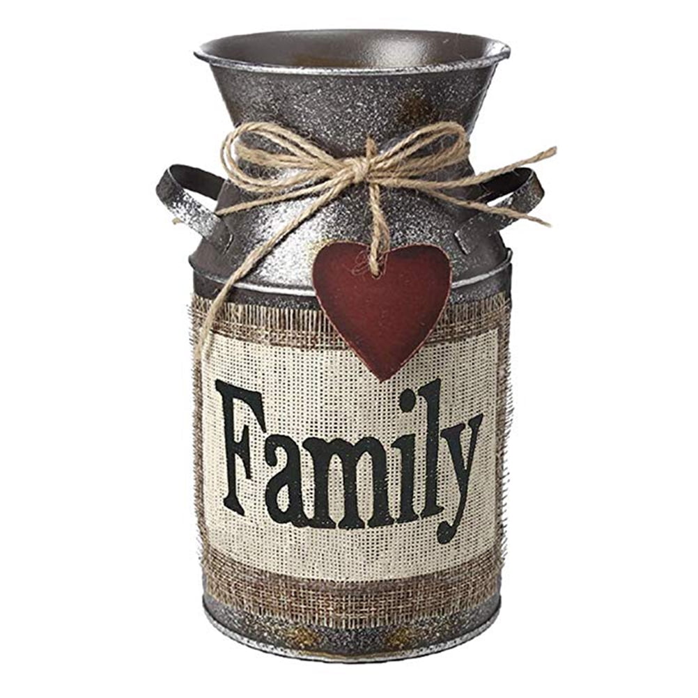 Rustic Decorative Vase with Greetings and Rope Design Metal Milk Can Country Jug for Living Room, Bedroom, Kitchen (Family)