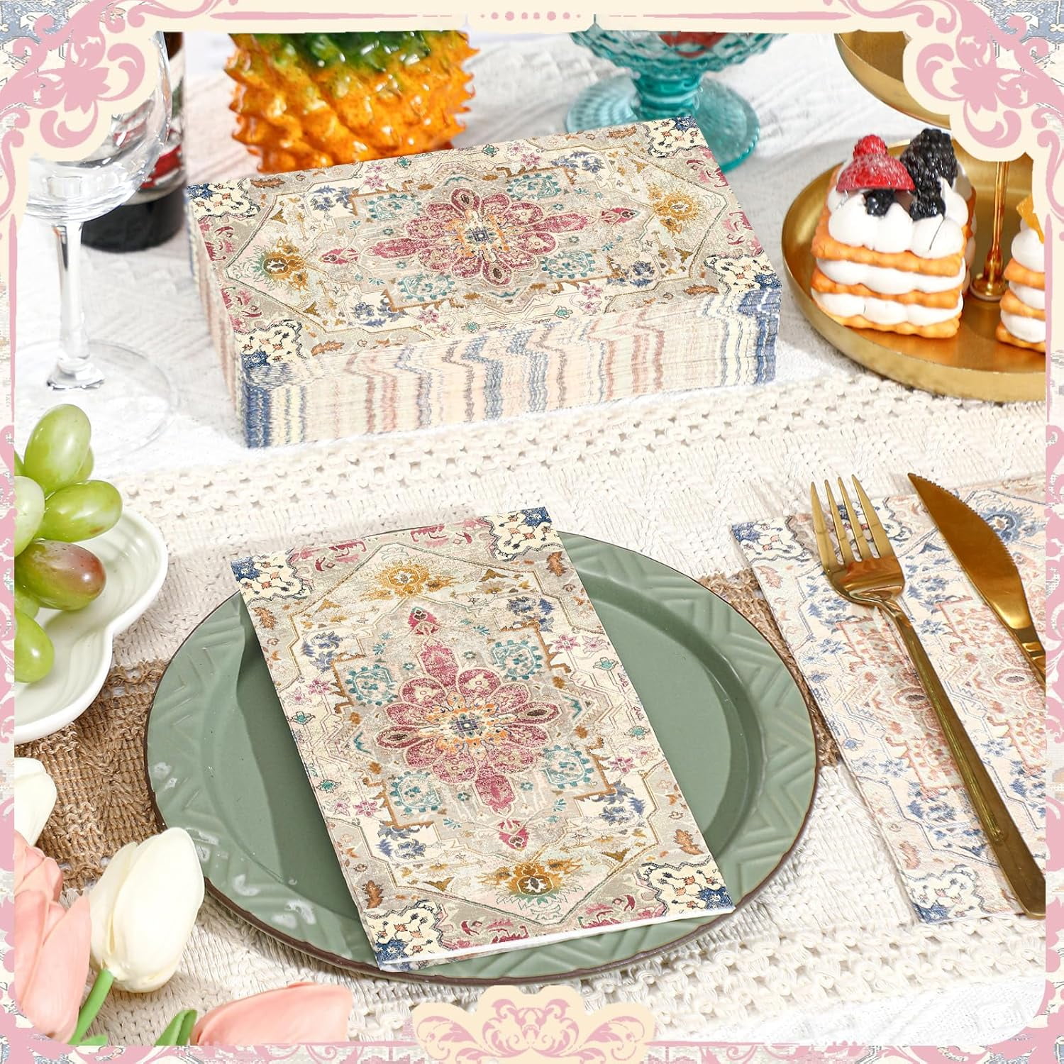 100 Pcs Vintage Boho Napkins Paper Guest Towels 2 Ply Decoupage Napkins Disposable Decorative Hand Towel for Bathroom Kitchen Wedding Party Dinner(Multicolor)