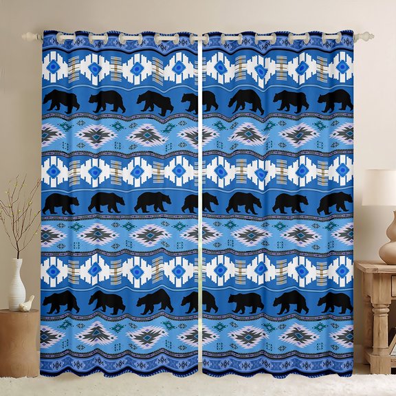 Feelyou Wildlife Bear Animal Black Out Curtains, Western Boho Aztec Curtains Pack of 2 (42x63 Each), Blue Vintage Tribal Abstract Bedroom Curtains, Living Room Curtains Decor