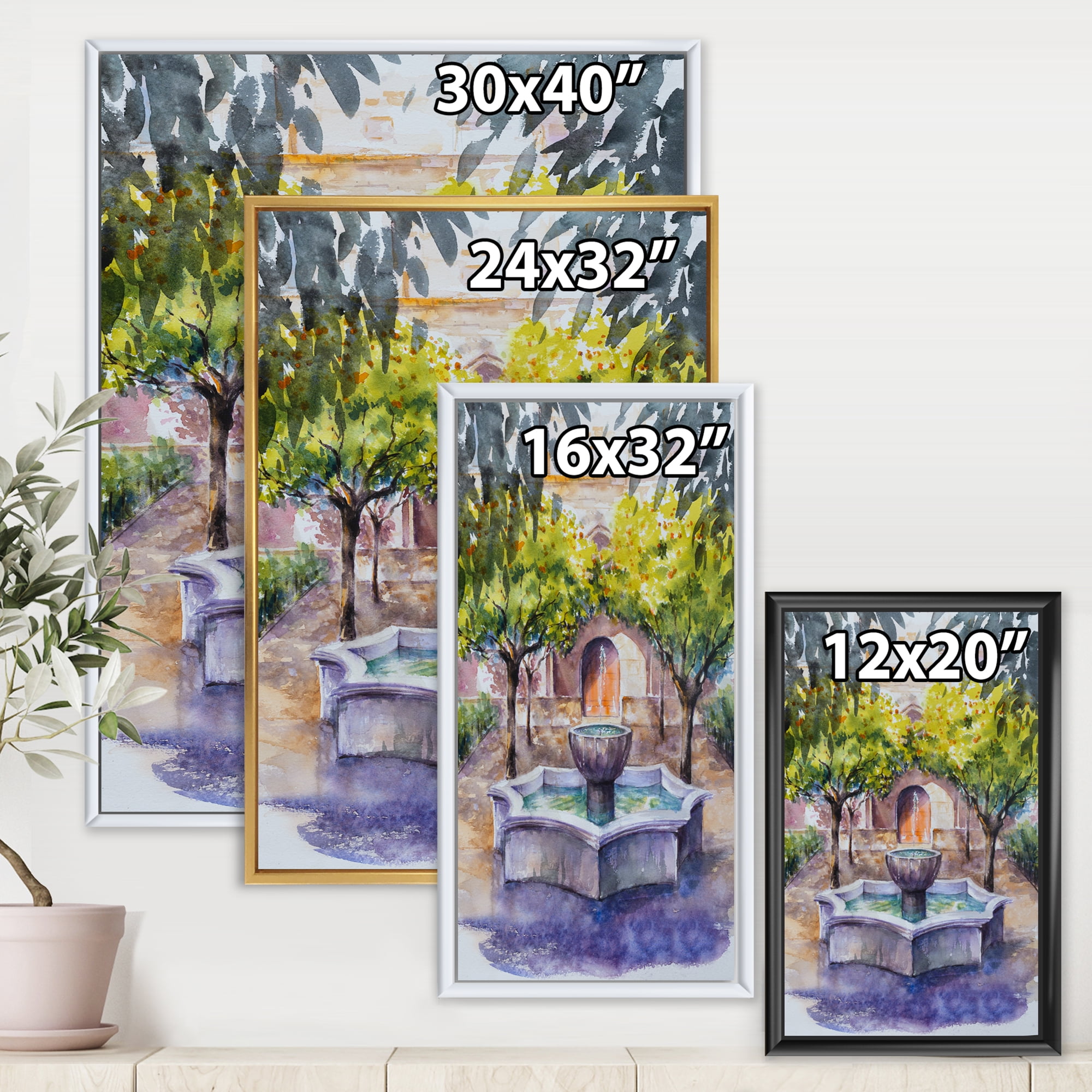 Designart 'Small Fountain With Trees In The Village House' Country Framed Canvas Wall Art Print