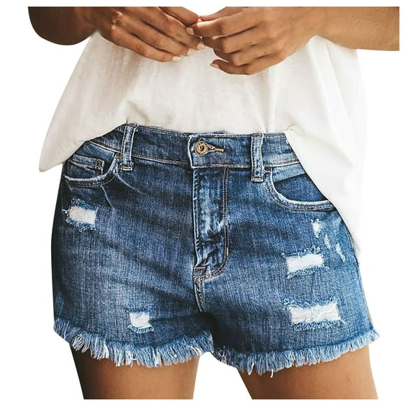 B91xZ Womens High Waisted Jean Shorts Ripped Hem Frayed Distressed Short Jeans,Blue S
