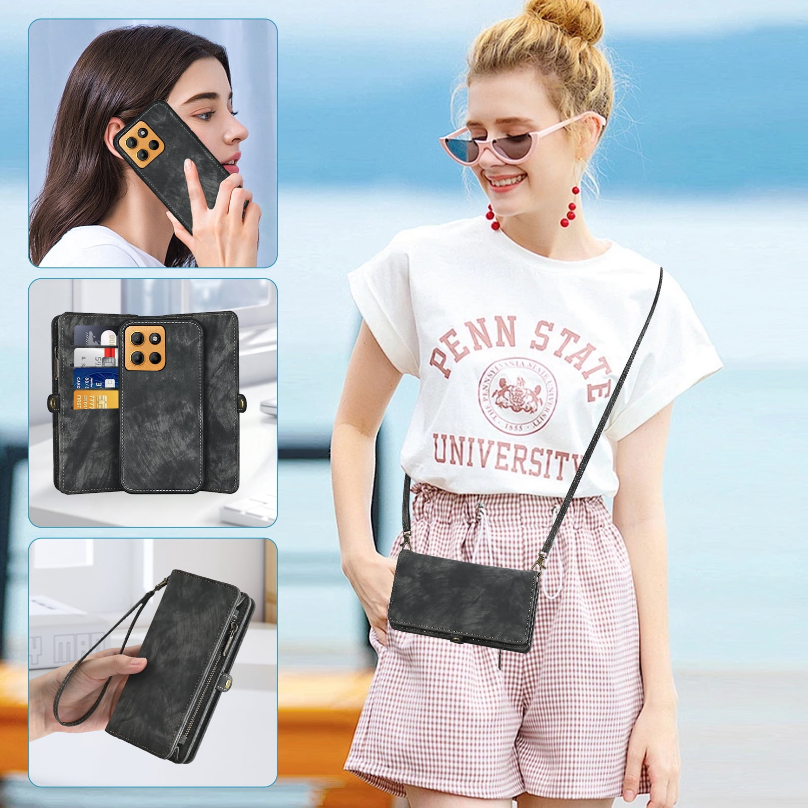 Asuwish Phone Case for Motorola Moto G15 4G Lte Zipper Wallet Detachable Cell Cover with Tempered Glass Screen Protector Crossbody Lanyard Strap Flip Card Holder MotoG15 G 15 XT2521-2 Women Men Black