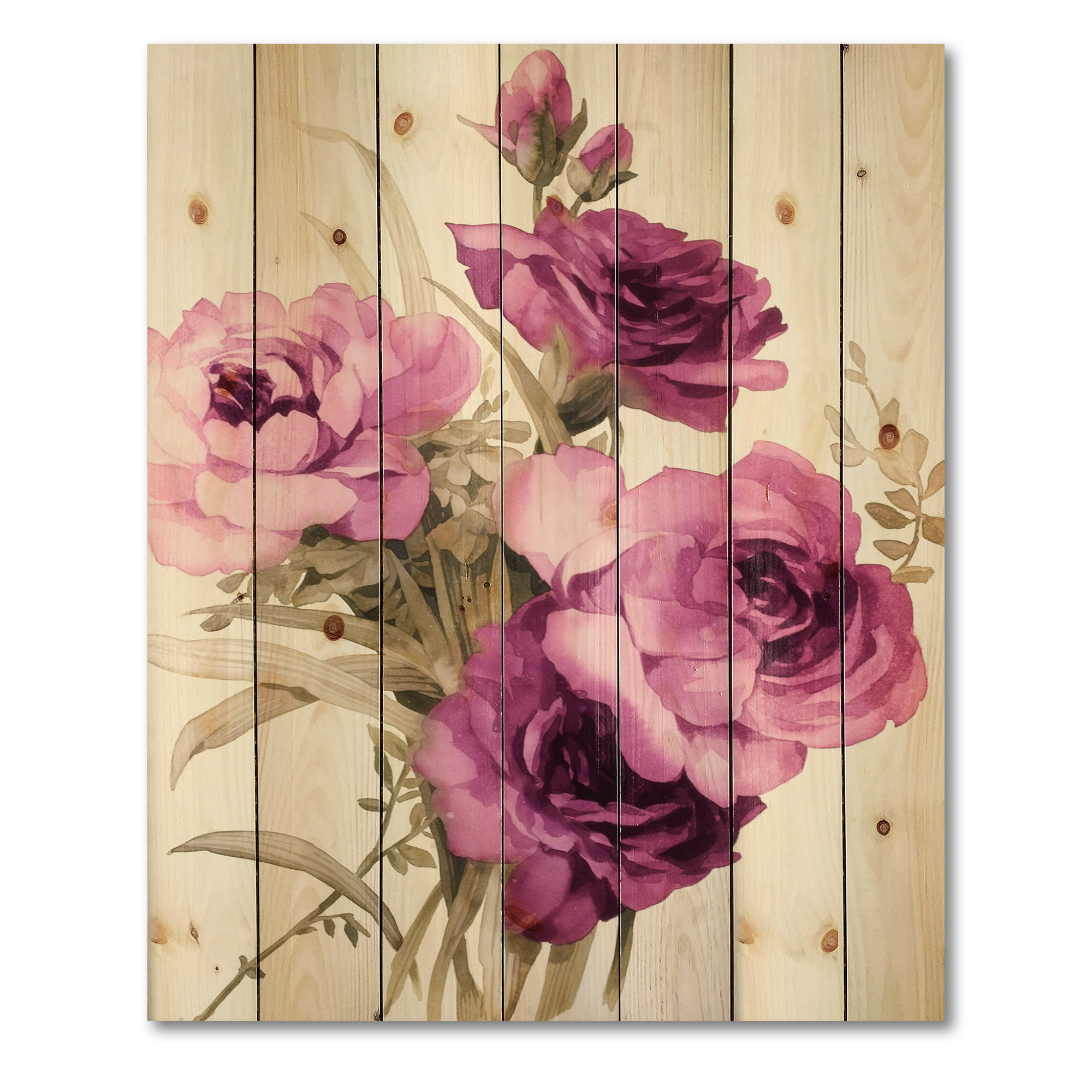 Designart 'Bouquet of Dark Pink Roses' Traditional Print on Natural Pine Wood