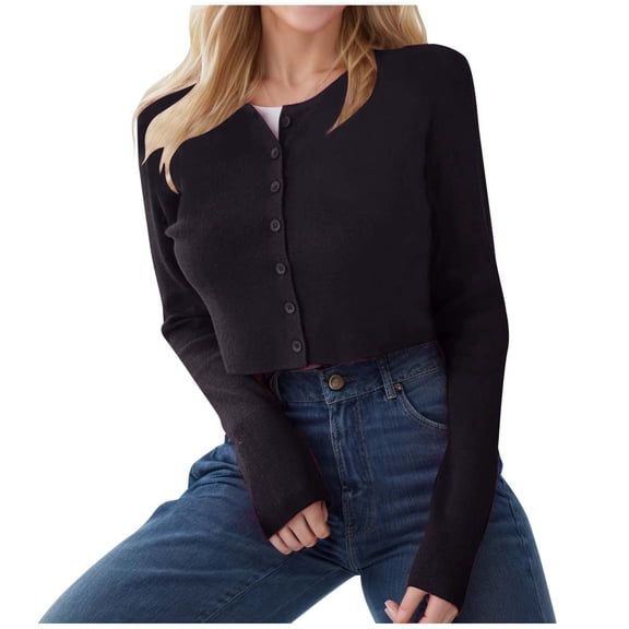 Sweaters for Women Trendy Light Solid Color Round Neck Long Sleeve Button Ribbed Knit Cardigan Cropped Casual Outerwear