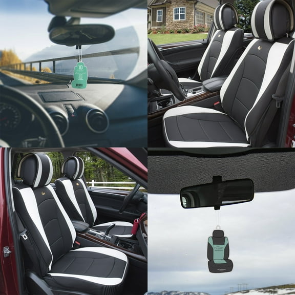 FH Group Car Seat Cover Leatherette Luxury Bucket Pair Seat Covers Black White w/ Free Air Freshener