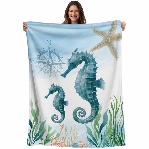 Flannel Fleece Throw Blanket Coastal Seahorse Compass Lightweight Soft Plush Blankets,Starfish Seaweed Shell Blue Gradient Cozy Warm Throw Blanket for Couch Sofa Bed Car Office All Season Use 40x50in