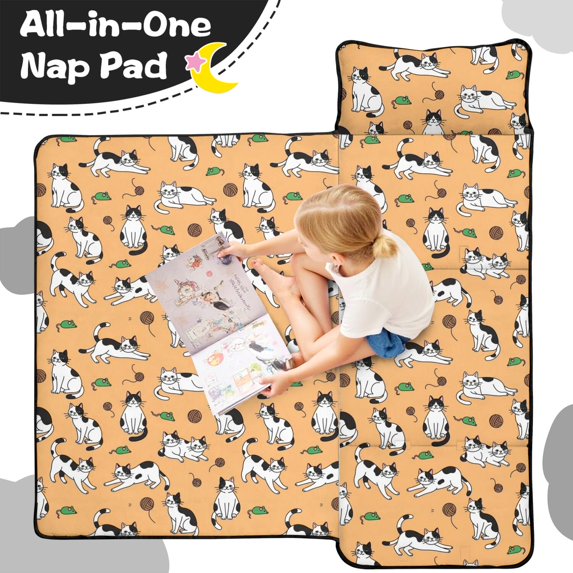 Black and White Cat and Mouse Orange Pattern Teens Toddler Nap Mat with Pillow, Sleeping Mat Bag for Preschool Daycare 50"x20"