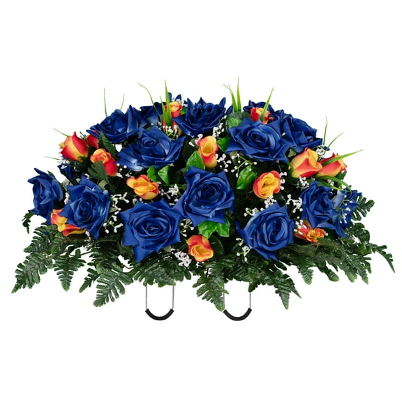 Sympathy Silks Artificial Cemetery Flowers - Blue Open Roses and Orange Rose Buds - Outdoor Saddle for Headstone