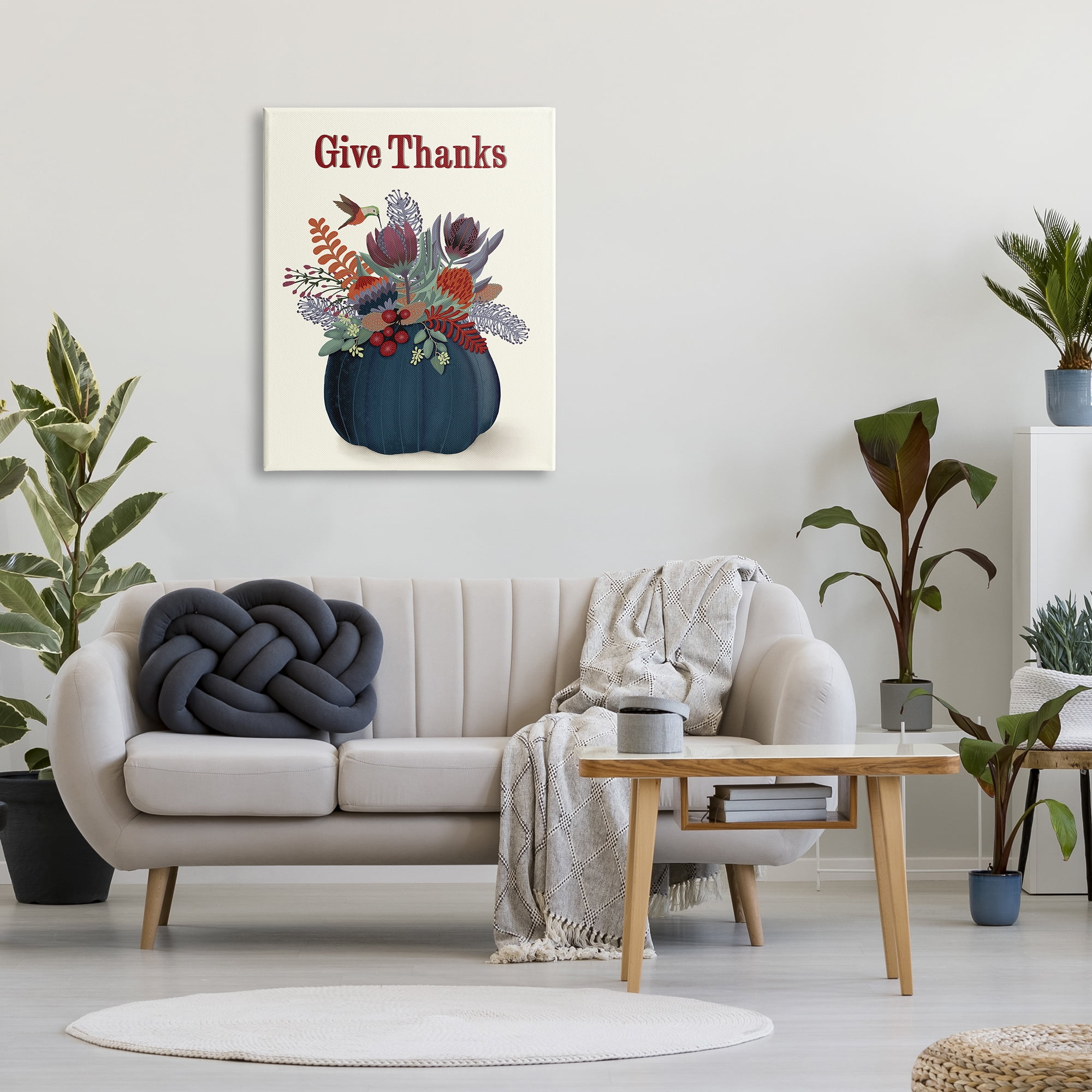 Stupell Industries Give Thanks Blue Autumn Harvest Pumpkin Tropical Florals, 30 x 40, Designed by Darlene Seale