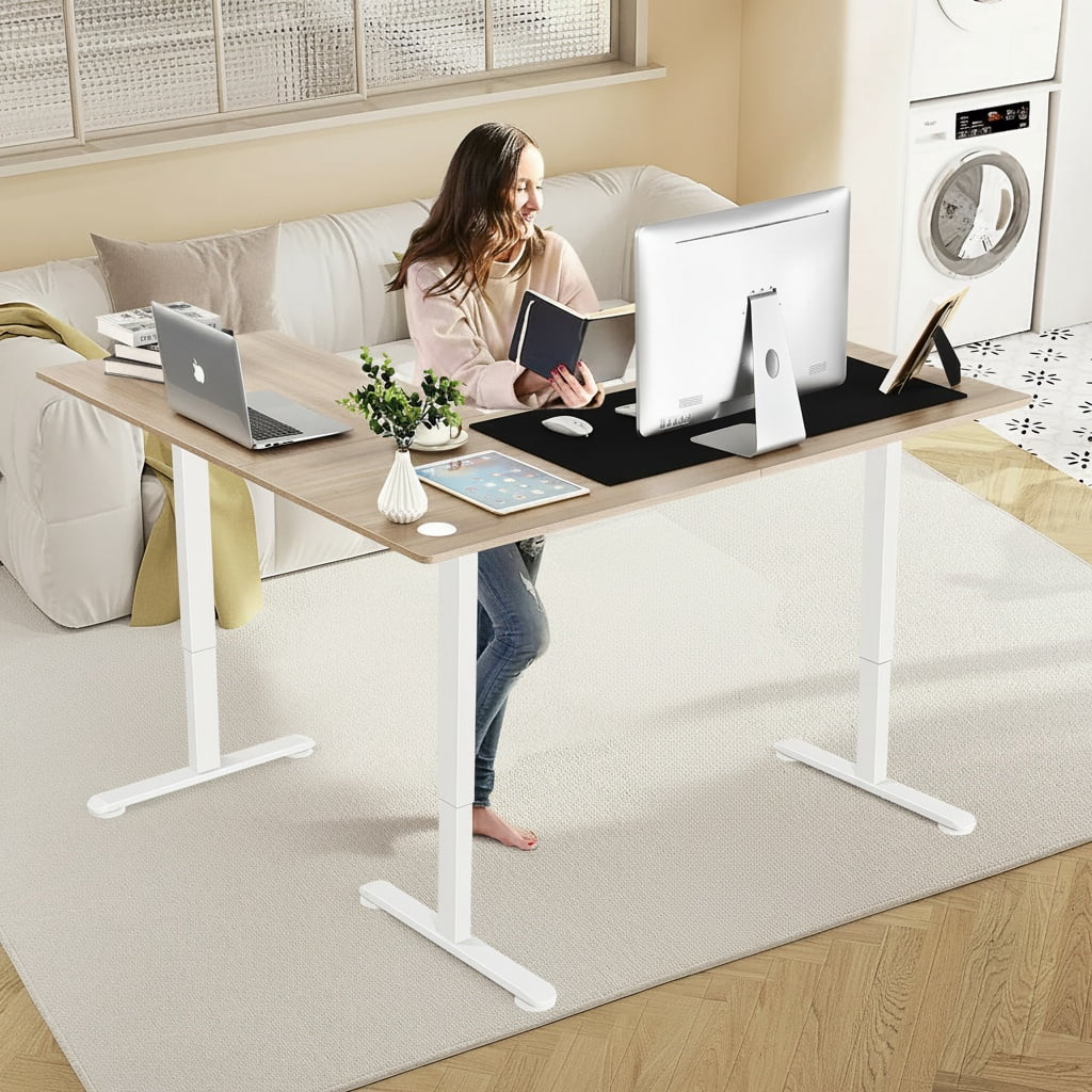 Legooin 63x55 inch L-Shaped Standing Desk Height Adjustable Sit-stand Desk Multi-Monitor Gaming Table Workstation for Home Office Oak