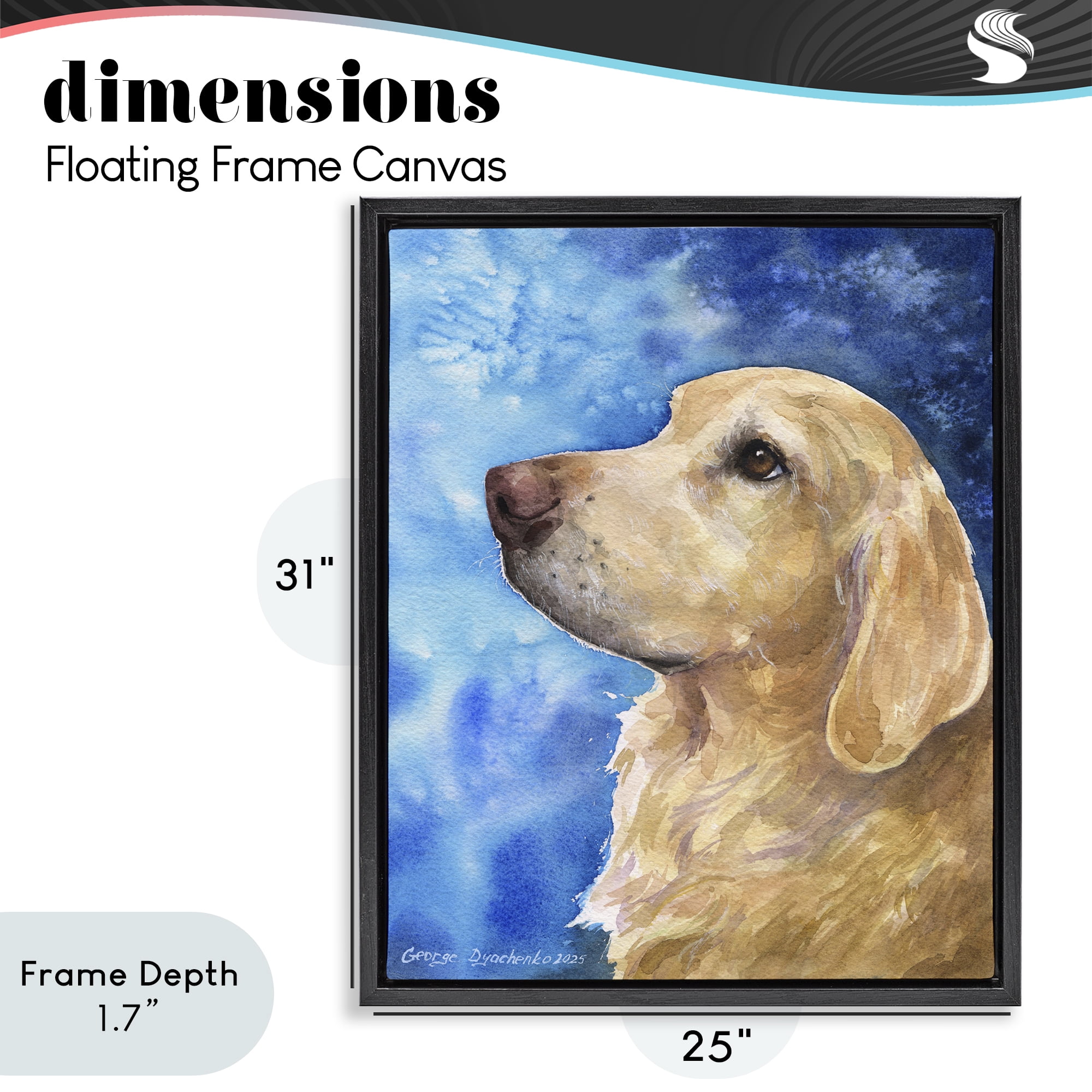 Stupell Industries Golden Retriever Portrait on Azure Black Framed Floater Canvas Wall Art, design by George Dyachenko