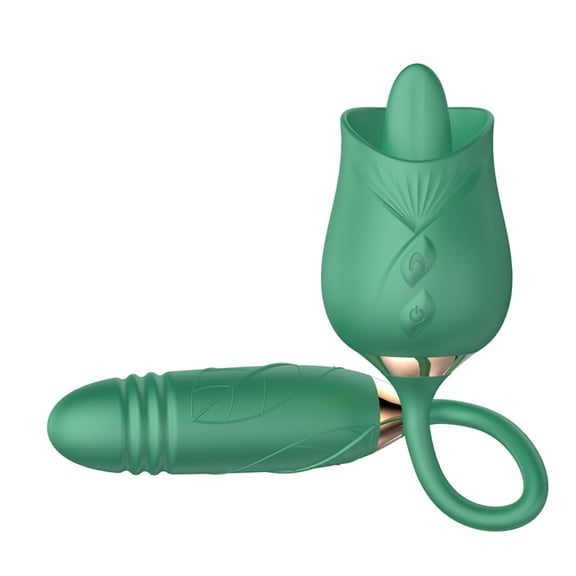 Rose Licking Tongue Clit & Nipple Tickler with Thrusting Dildo Stimulator Sex Toy in Green