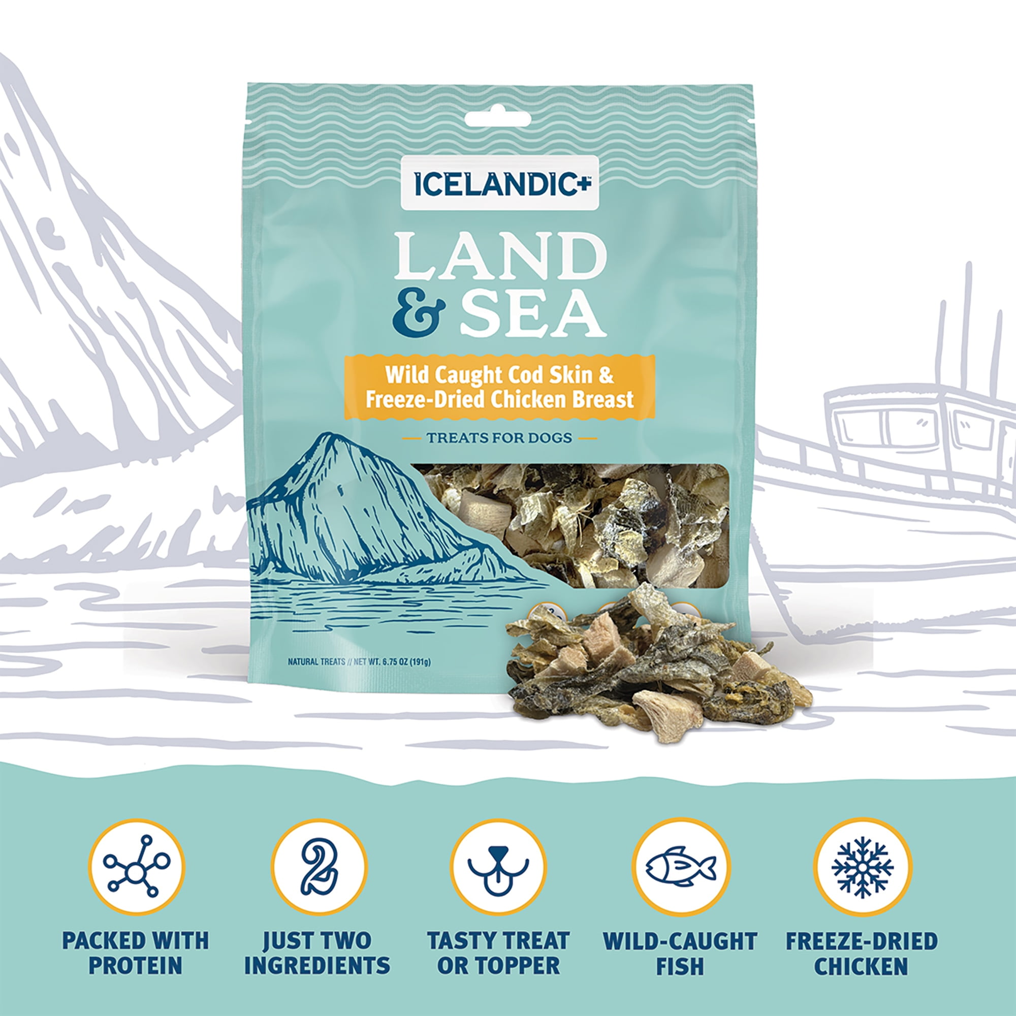 Icelandic+ Land & Sea Wild Caught Cod Skin & Freeze-Dried Chicken Breast -6.75oz Bag, Dog Treat & Food Topper, 2 Ingredient, No Preservatives, Natural