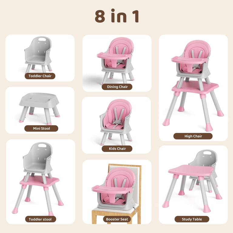 AILEEKISS 8 in 1 Baby High Chair, Pink Feeding Booster