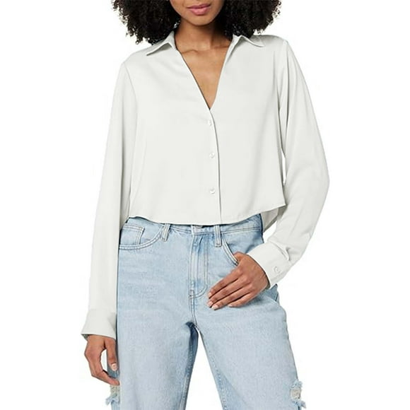 Blouses for Women Dressy Womens Tops Fashion Satin Texture Lapel Crop Solid Color V Neck Long Sleeve Shirts Summer Flowy Blouses 2025 Trendy