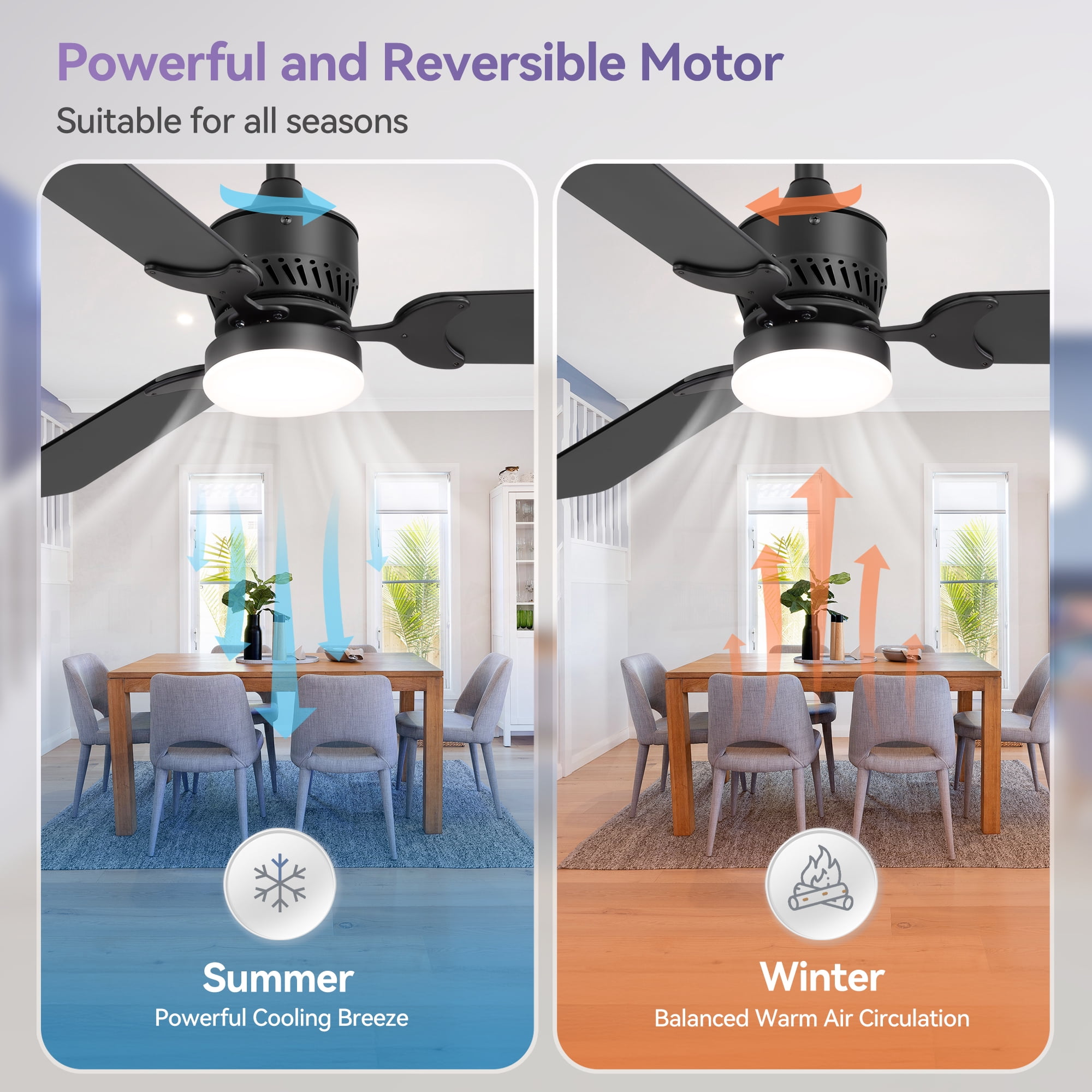 ALKAFY 2-Pack 42 inch Black Modern Ceiling Fan - 3-Blade Smart DC Motor, LED Light & Remote for Bedroom, Living Room
