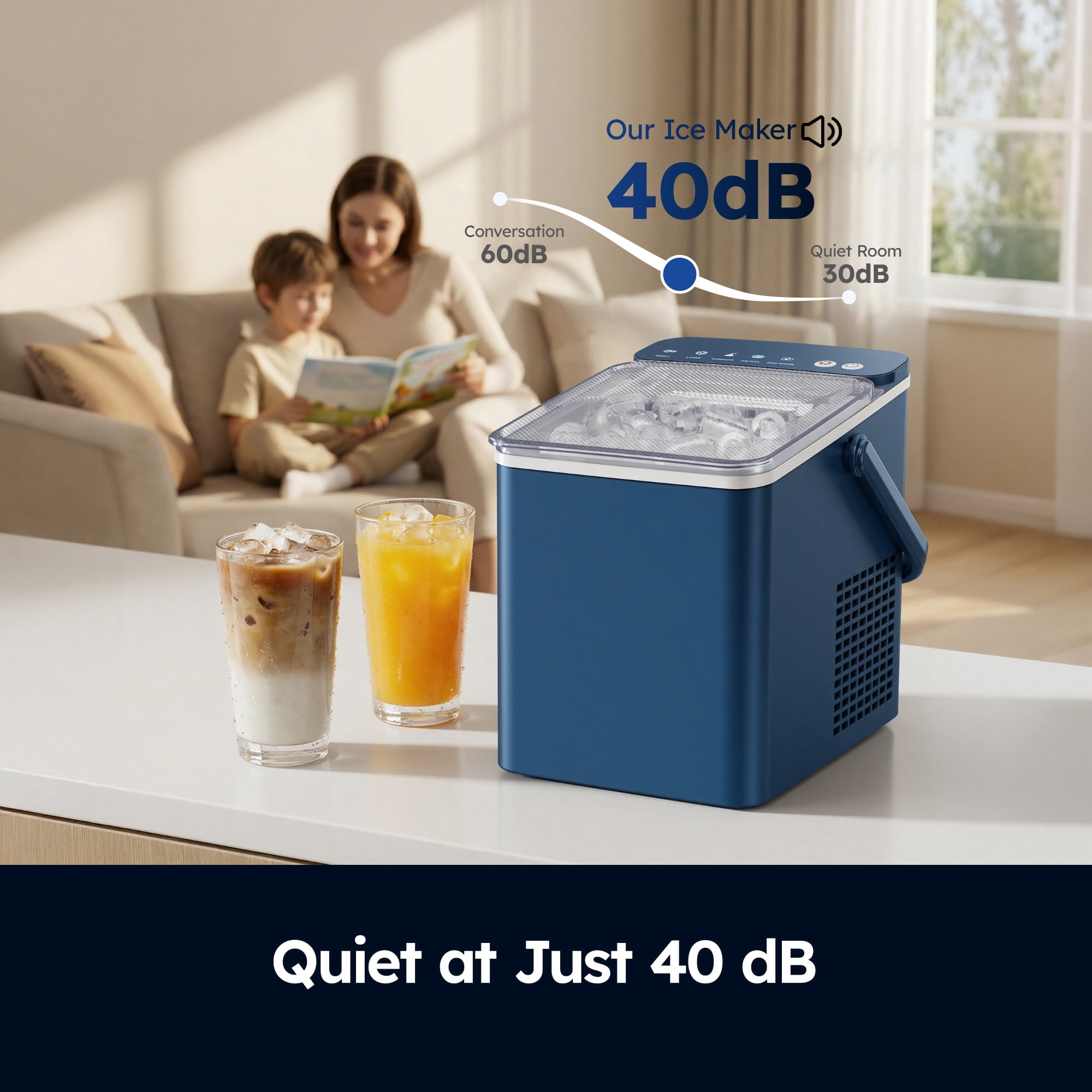 SIMZLIFE Portable Countertop Ice Maker Machine, 26 lbs Ice Per Day, 9 Bullet Ice Cubes Ready in 6 Minutes, Small & Large Ice Sizes, Self-Cleaning, 1.1L Water Tank, Ice Scoop & Basket, Blue