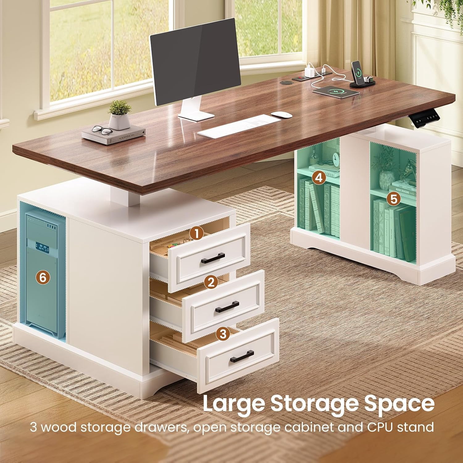 Standing Desk with 3 Wood Drawers, Farmhouse Computer Desk with Power Outlets & Open Shelves, 63" Height Adjustable Home Office Desk, Stand Up Desk with Storage, White