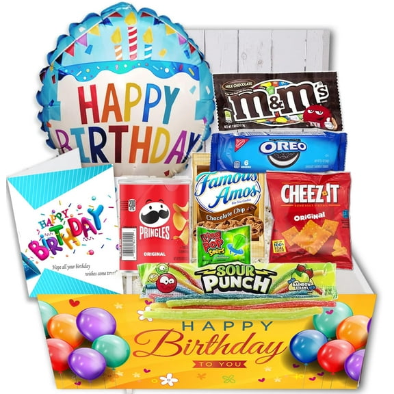 Birthday Gift Basket Candy variety pack with a Happy Birthday Balloon Care Package wsnacks and greeting card, for boy, girl, teenage, adults, best friend, Girlfriend, Boyfriend