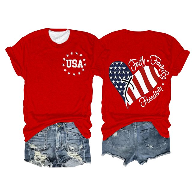 Hauts d'Été pour Femmes, Tenues de 4 Juillet 2024, Mode Féminine, Col Rond, Manches Courtes, Imprimé Drapeau Américain, Rouge