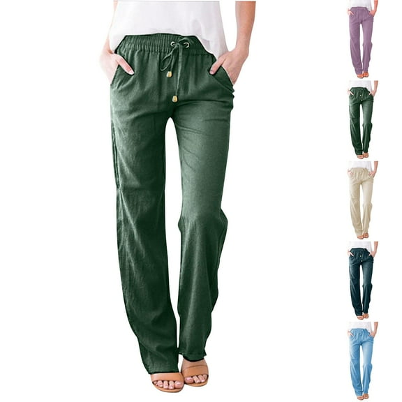 Brondbend Straight Leg Pants for Womens Casual Long Pants for Womens Soild Color Elastic High Waist Lace-up Cotton Linen Trousers with Pockets Regular Fit Fall Work Vacation Versatile,Purple