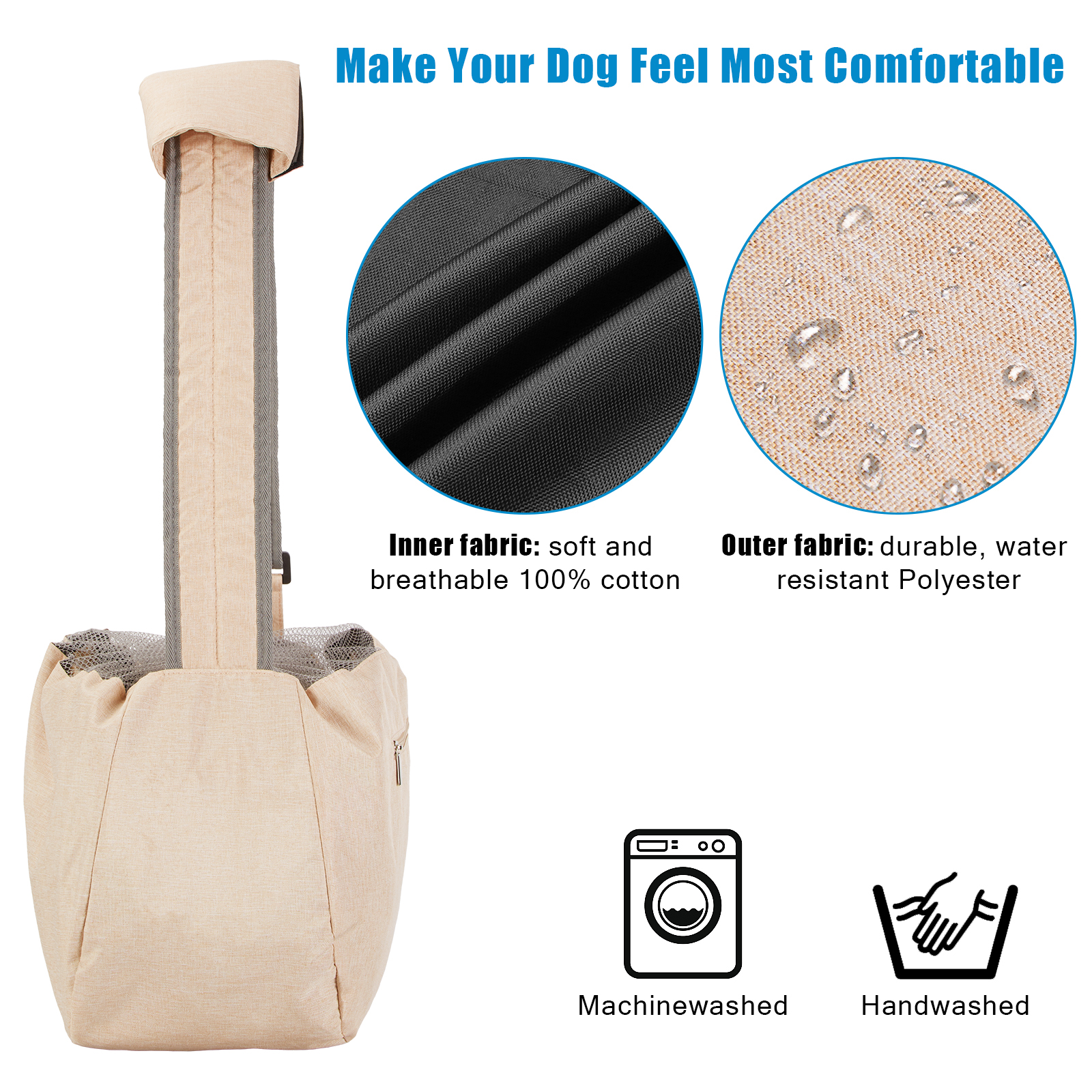 Ownpets Beige Pet Sling Carrier with Adjustable Strap and Pocket Shoulder Pad Fits 15 to 20lbs Extra-Large Dog/Cat