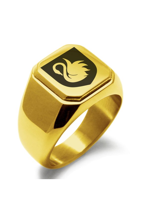 Stainless Steel Swan Harmony Coat of Arms Shield Engraved Square Flat Top Biker Style Polished Signet Ring