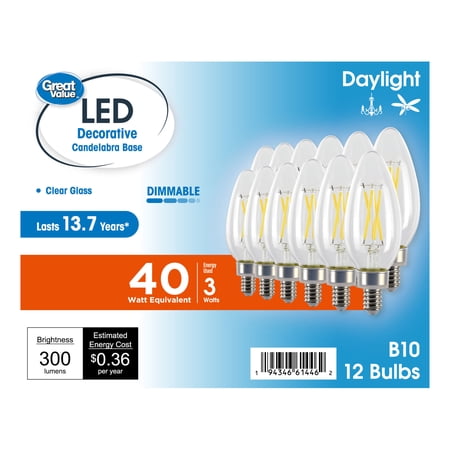 Great Value LED Light Bulb, 3W (40 Watts Equivalent), B10 Deco Lamp, E12 Candelabra Base, Dimmable, Daylight, 13yr, 12 Pack