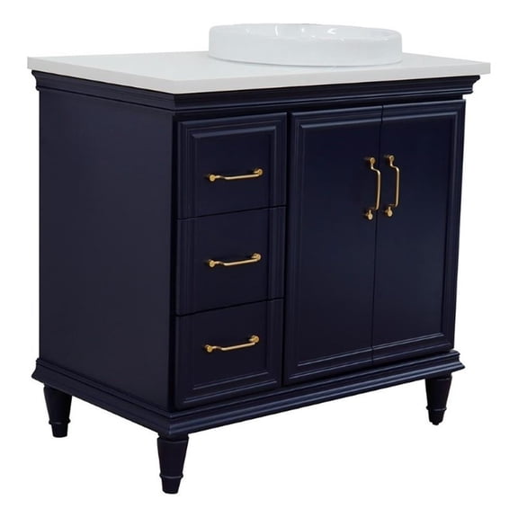 37 in. Single Wooden Vanity  Blue White Quartz Round Right Door.Right