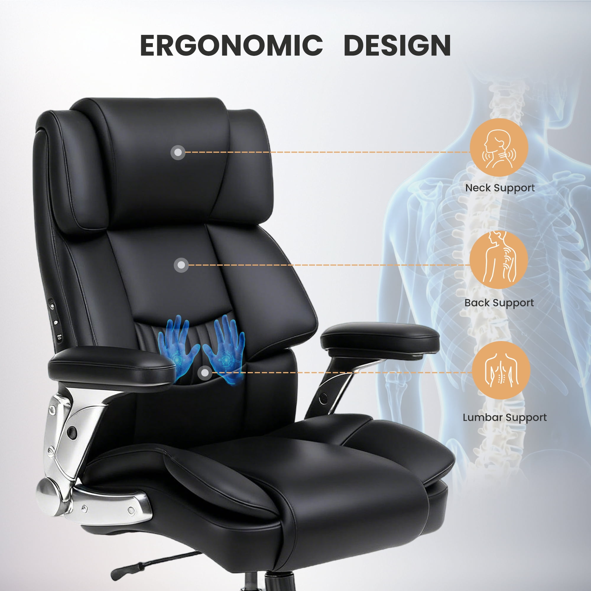 EOP 600LBS Big and Tall Heavy Duty Office Chair, Ergonomic Massage Desk Chair with 4D Adjustable Armrests, PU Leather Executive Chair with Lumbar Support & Quiet Dual Rubber Wheels, Black
