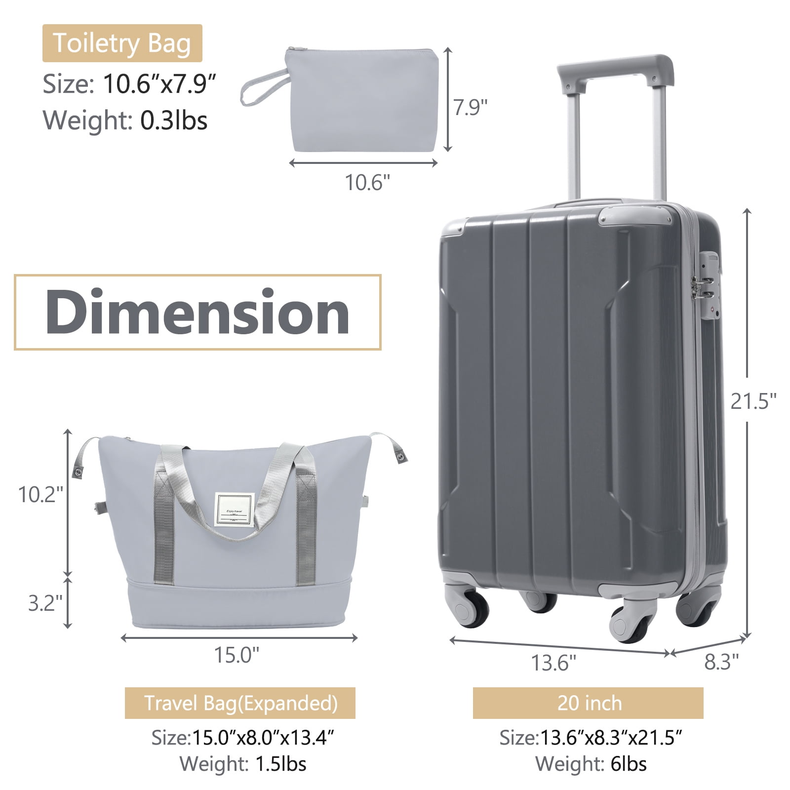 Euroco 20" Carry On Luggage Set 3 Piece,ABS Hardshell Lightweight Suitcase with Spinner Wheels & TSA Lock,Airline Approved Suitcase set for Weedend Getaways,Business Travel,Cool Gray