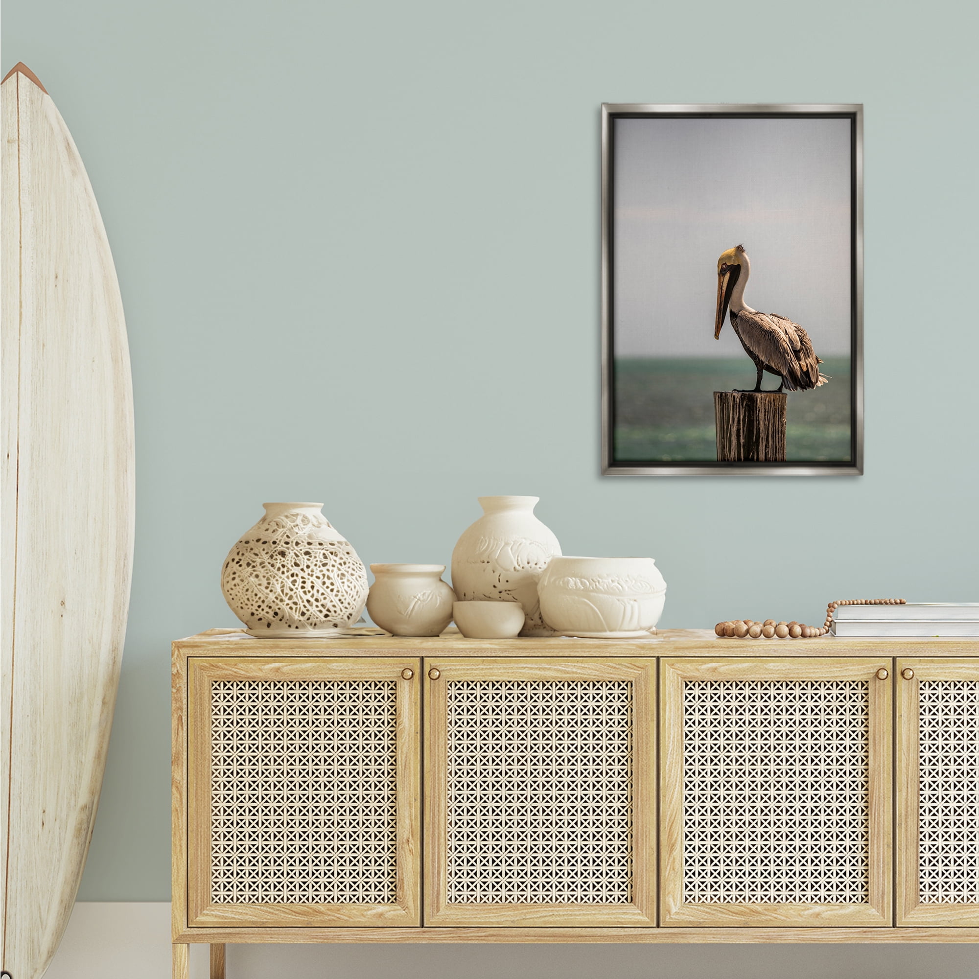 Stupell Industries Nautical Landscape Pelican Animals Photography Gray Floater Framed Canvas Art Print Wall Art, 21 x 31