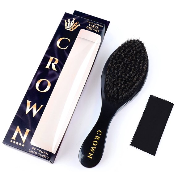 Crown Professional Brush Wavers Barbers- Luxury Glossy No Handle Palm 360 waves brush - - Medium Hard Boar Bristles with Black Gold Candy Paint - For Men with Durags, Wave Cap, Butter or Pomade (Long