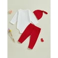 thumbnail image 6 of Baby Toddler Boy Valentine's Day Outfits 3 6 12 18 Months Letter Print Long Sleeve Romper with Heart Pants Hat 3 Pcs Clothing Set, 6 of 9